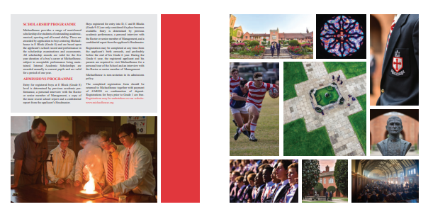 Inside spread of the Michaelhouse prospectus with a collage of photographs